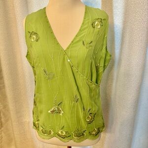 Green Embroidered Silk Sleeveless Top